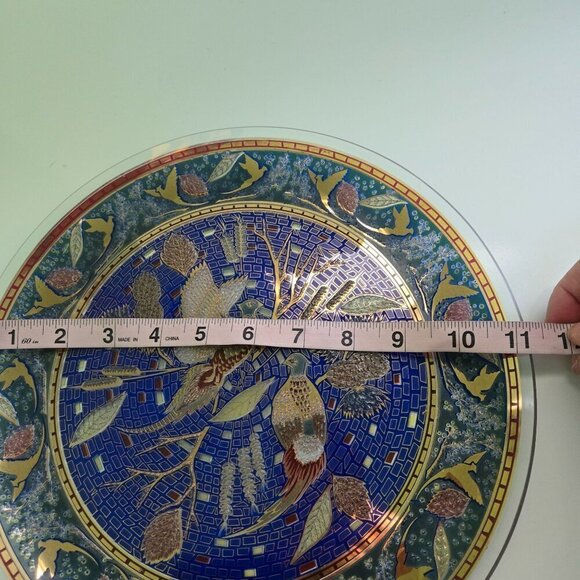 Vintage Houze Glass Pheasant Design Blue Gold Raised Pattern 11" Round MCM - Picture 5 of 5